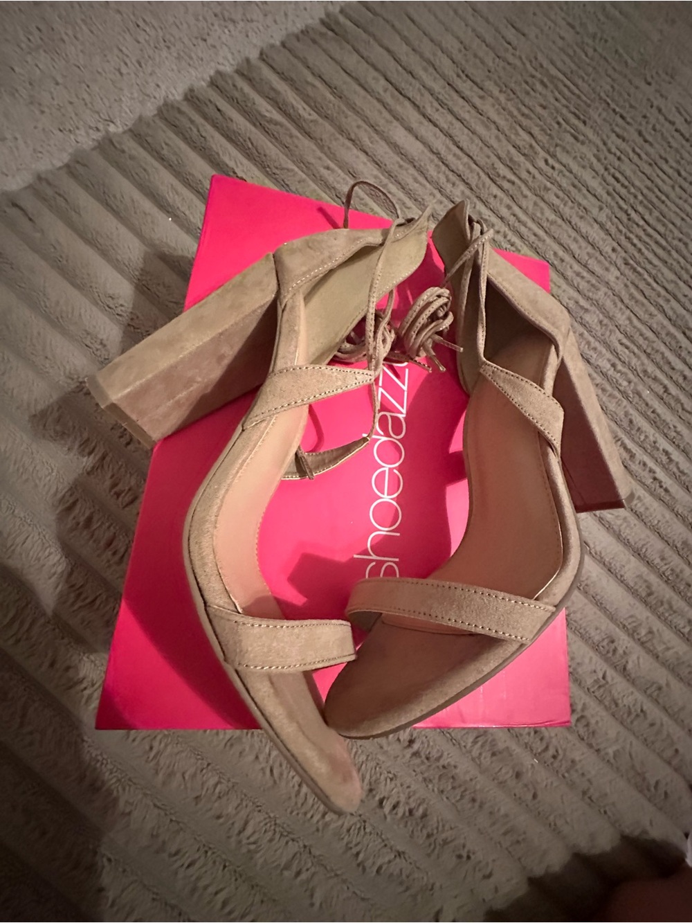 Shoe Dazzle Suede Block Heel Sandals in Tan